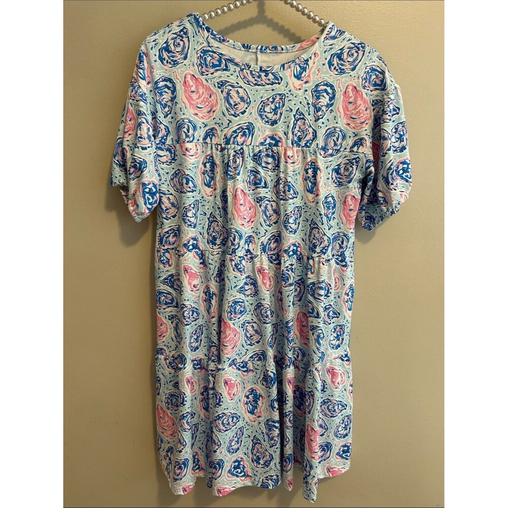 NEW Simply Southern Dress Youth Medium YM Tiered Pink Blue Oyster UPF 50+ Sun